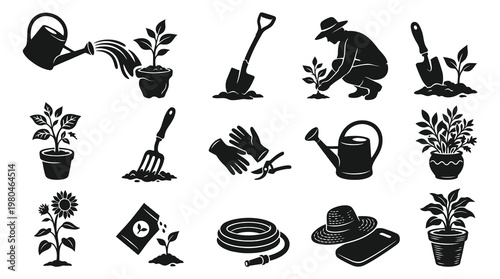Gardening Icons Set Black and White Glyph Style Vector