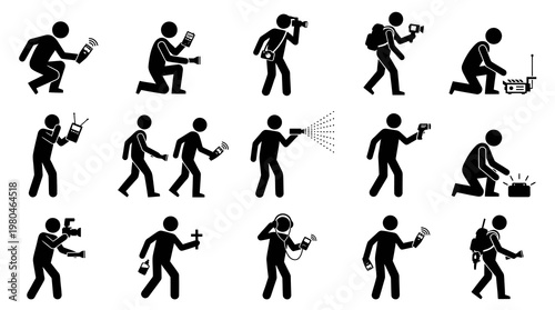 Black and White Icon Set of People with Technology and Gadgets