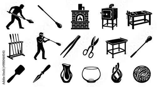 Glassblowing Tools and Equipment Icons - Black and White Vector Art