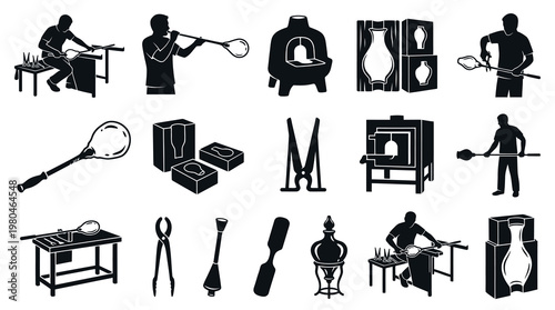 Glassblowing Tools and Equipment Vector Icons - Black and White Art
