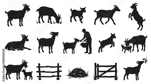 Black  White Silhouette Collection of Goats in Various Poses