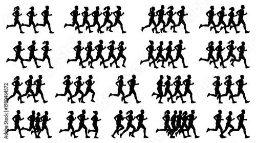 Sport and Fitness: Group of Running People Silhouettes in Black and White Vector Graphic