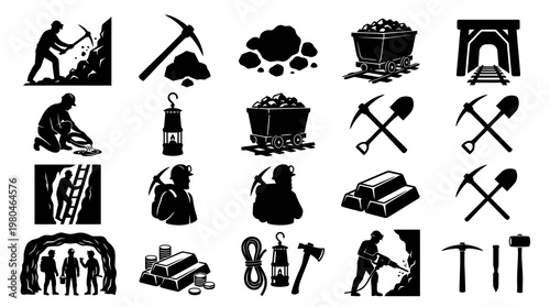 Mining Industry Black  White Silhouette Icons Set - Miners, Tools, Equipment Glyphs.