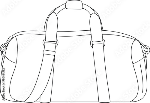 Flat vector line drawing duffel bag illustration, fashion travel accessory sketch