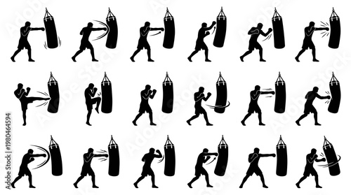 Combat Sports Training Silhouettes - Boxers  Kickboxers with Punching Bags Vector Set