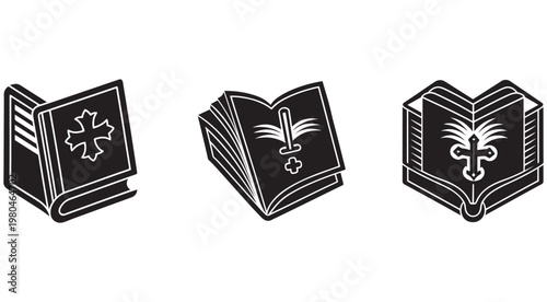 Black and white icons of open books with various symbols on the covers  cross  sword  anchor