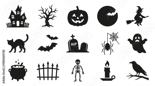 Halloween Icons Set: Spooky Black  White Silhouettes for Holiday Design