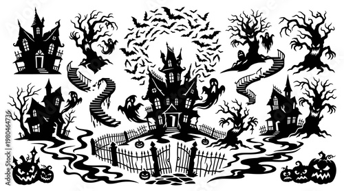 Spooky Halloween Silhouette Icons: Haunted Houses, Ghosts, Bats, Pumpkins