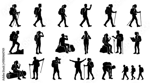 Outdoor Adventure Hikers Silhouettes Vector Glyphs - Trekking and Backpacking People Set