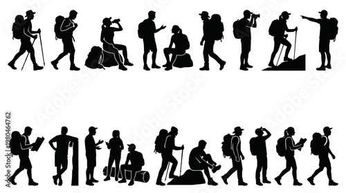 People Hiking and Trekking Outdoor Adventure Silhouette Vector Set