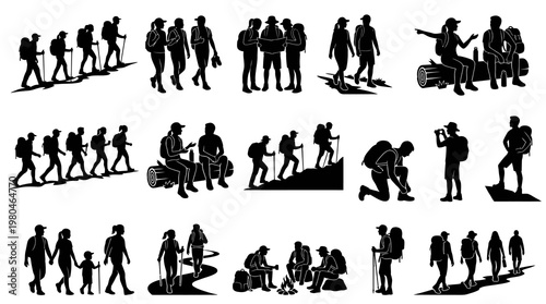 Outdoor Recreation Hikers Backpackers Silhouettes Set - Adventure Travel Trekking People