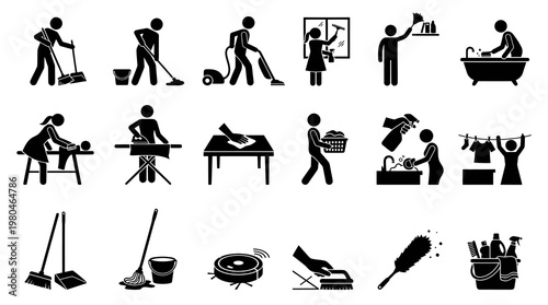 Domestic Household Cleaning Chores Activities Glyph Icons Set - Housework Silhouettes