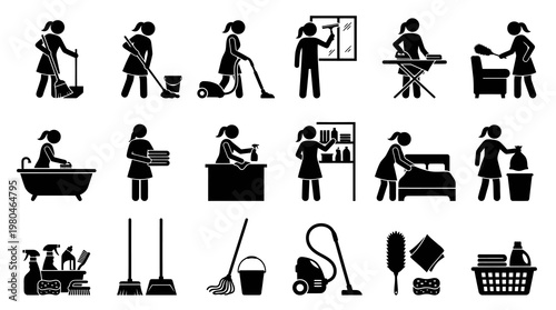 Cleaning Services Icons: Woman Maid Housework Vector Art Black and White
