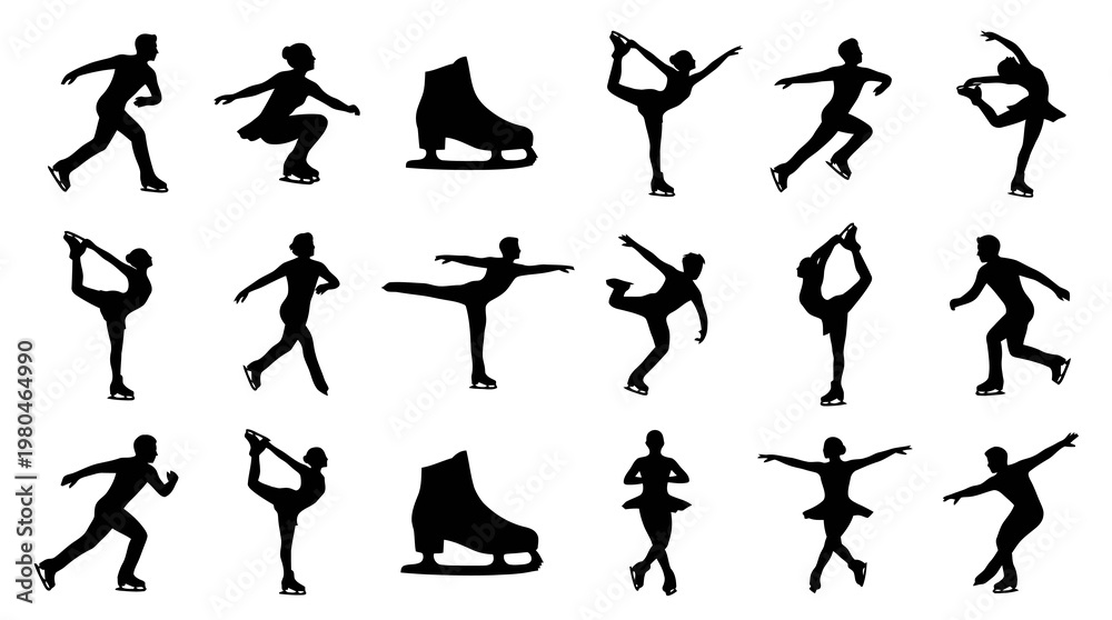 Obraz premium Ice Skating Silhouettes: Figures, Poses, and Skates, Vector Art