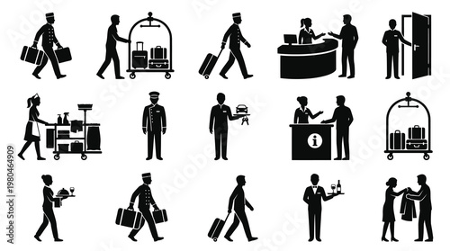 Hotel Staff Icons: Bellhop, Concierge, Waiter, Housekeeper, Staff Glyph