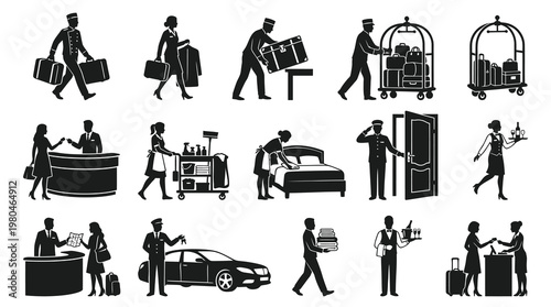 Hotel Staff Silhouettes: Bellhop, Receptionist, Valet, Housekeeper Icon Set