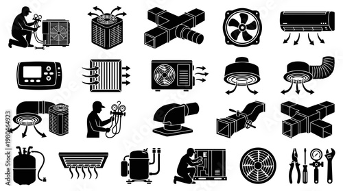 HVAC icons, air conditioning equipment, repair and installation glyphs
