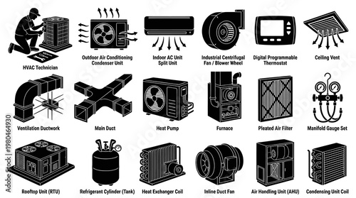 HVAC Industry Black  White Solid Glyph Icons Set - Heating, Ventilation, Air Conditioning Equipment