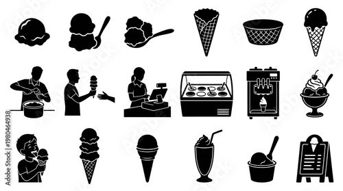 Ice Cream Shop Food Glyphs Icons Set. Dessert and Sweet Treats Silhouette Collection.