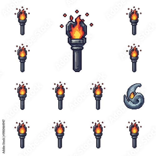 A collection of pixelated torches with flickering flames and floating embers, accompanied by a single stylized smoke swirl on a plain white background.