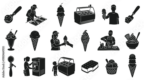 Black  White Glyph Icons of Ice Cream and Service