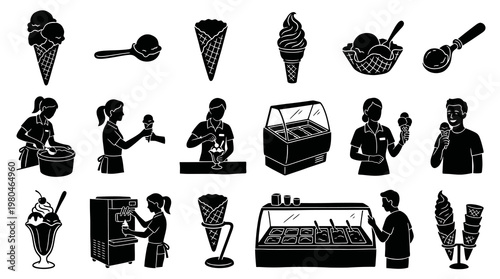 Black and White Ice Cream Icons: Cones, Scoops, Machines  People