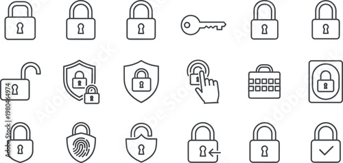 Minimal outline security icon set featuring padlock key shield smart home access control symbols for cybersecurity interface design