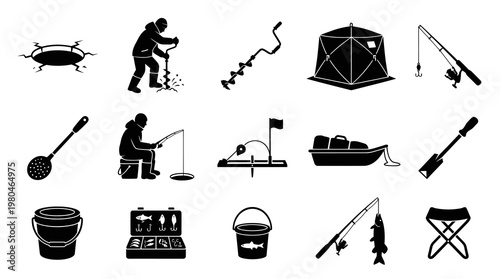 Ice Fishing Equipment Icons Black and White Vector