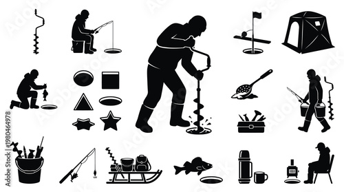 Ice Fishing Silhouettes Set - Winter Fishermen, Equipment  Gear Glyphs