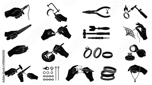 Black  White Glyph Icons of Jewelry Making Tools and Processes