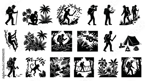 Jungle Adventure Icons: Silhouettes of Hikers, Camping, and Wildlife
