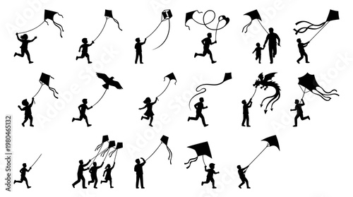 Black and white vector silhouettes of people flying kites