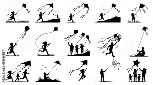 Black and white silhouette of people flying kites in various poses