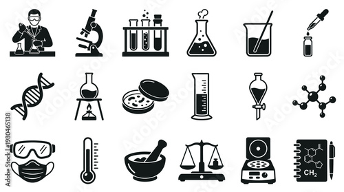 Science Laboratory Equipment Icons in Black and White Glyph Style