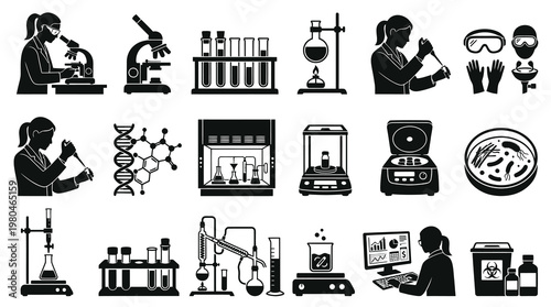 Black and white lab equipment and science icons for medical research