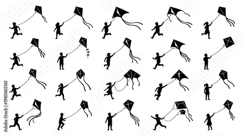 Black and white vector illustration of children flying kites