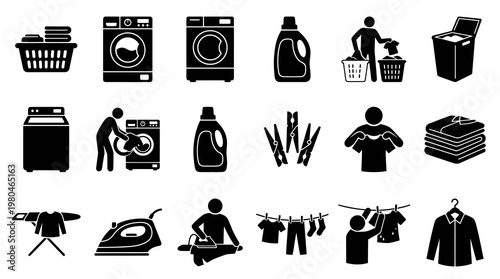 Black and White Glyph Laundry Icons Set: Washing Machine, Detergent, Ironing, Drying Clothes