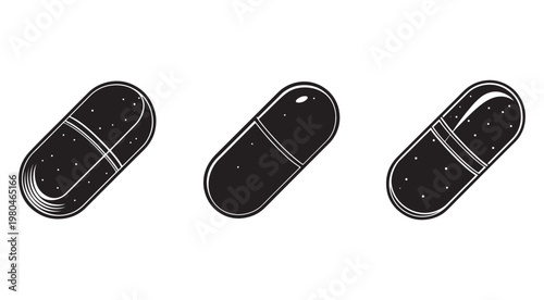 Black and white illustration of three capsules or pills with speckles and lines on a white background  simple medical or pharmaceutical symbols