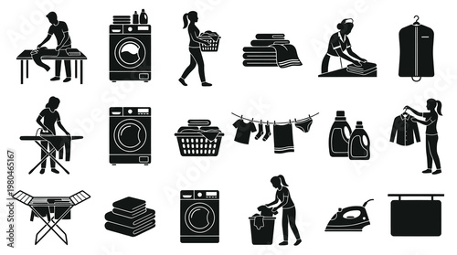 Laundry Washing Housework Glyph Icons Set. Garment Care Black Silhouettes.
