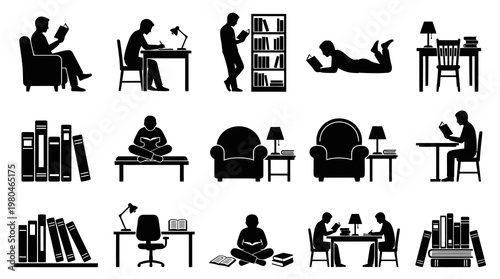 Reading and Study Silhouette Glyph Vector Icons - Education and Knowledge Concept Set