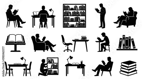 Education Reading Library Icons. People, Books  Study Silhouettes for Learning and Knowledge.
