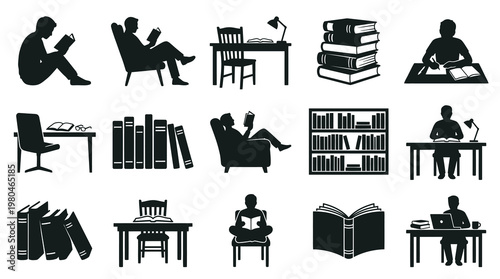 Education Reading Books Glyph Icons Set: Study, Knowledge  Library Silhouettes