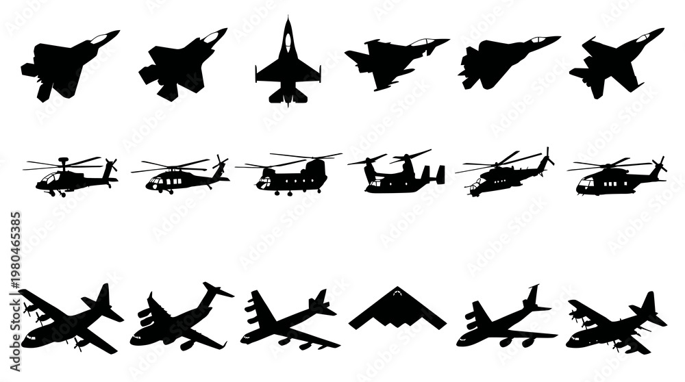 Fototapeta premium Black Silhouette Military Aircraft and Helicopters Vector Set