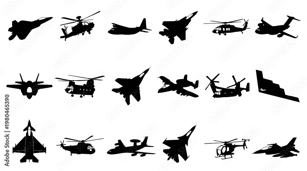 Fototapeta premium Military Aircraft Silhouettes Vector Icons - Aviation Fighter Jets Helicopters