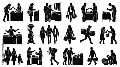 Market People Shopping Silhouette Glyphs Set - Retail Business Vector Icons
