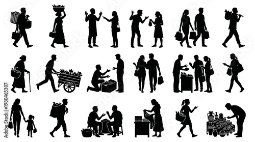 Market and Retail Shopping People Silhouette Vector Set - Commerce and Vendor Interactions