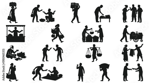 Market Vendors  Customers Silhouette Vector Icon Set - Commerce  Trade Scenes
