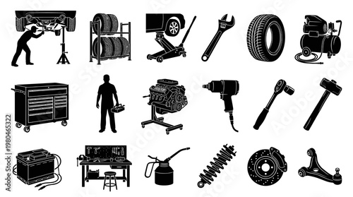 Automotive Car Repair Tools  Parts Glyph Set - Mechanic Workshop Black White Icons