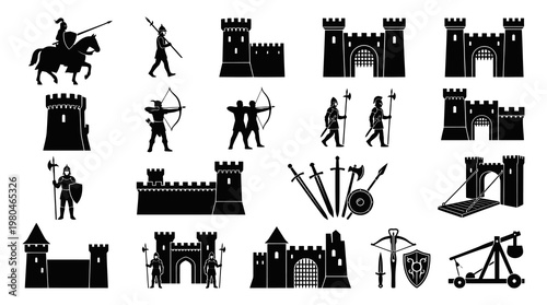 Medieval Castle Knight and Weapon Icons - Historical Warfare Black and White Glyph Vector Set