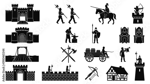 Medieval History Glyph Silhouettes Set - Castles, Knights, Royalty, Buildings, and Weapon Icons